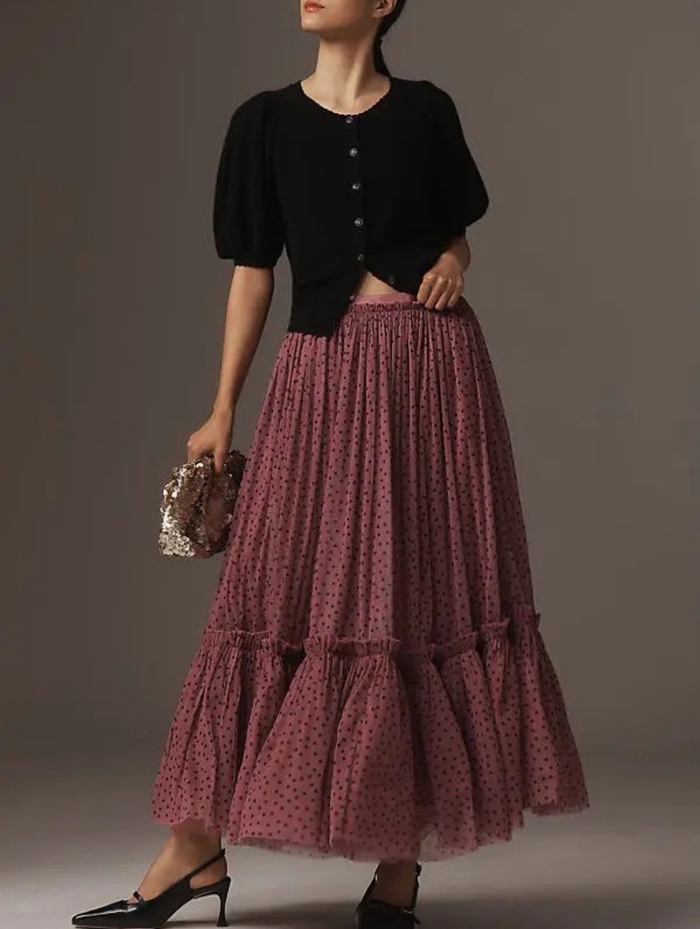 Anthropologie Maeve Tiered Polkadot Tulle Midi Skirt Size XXS